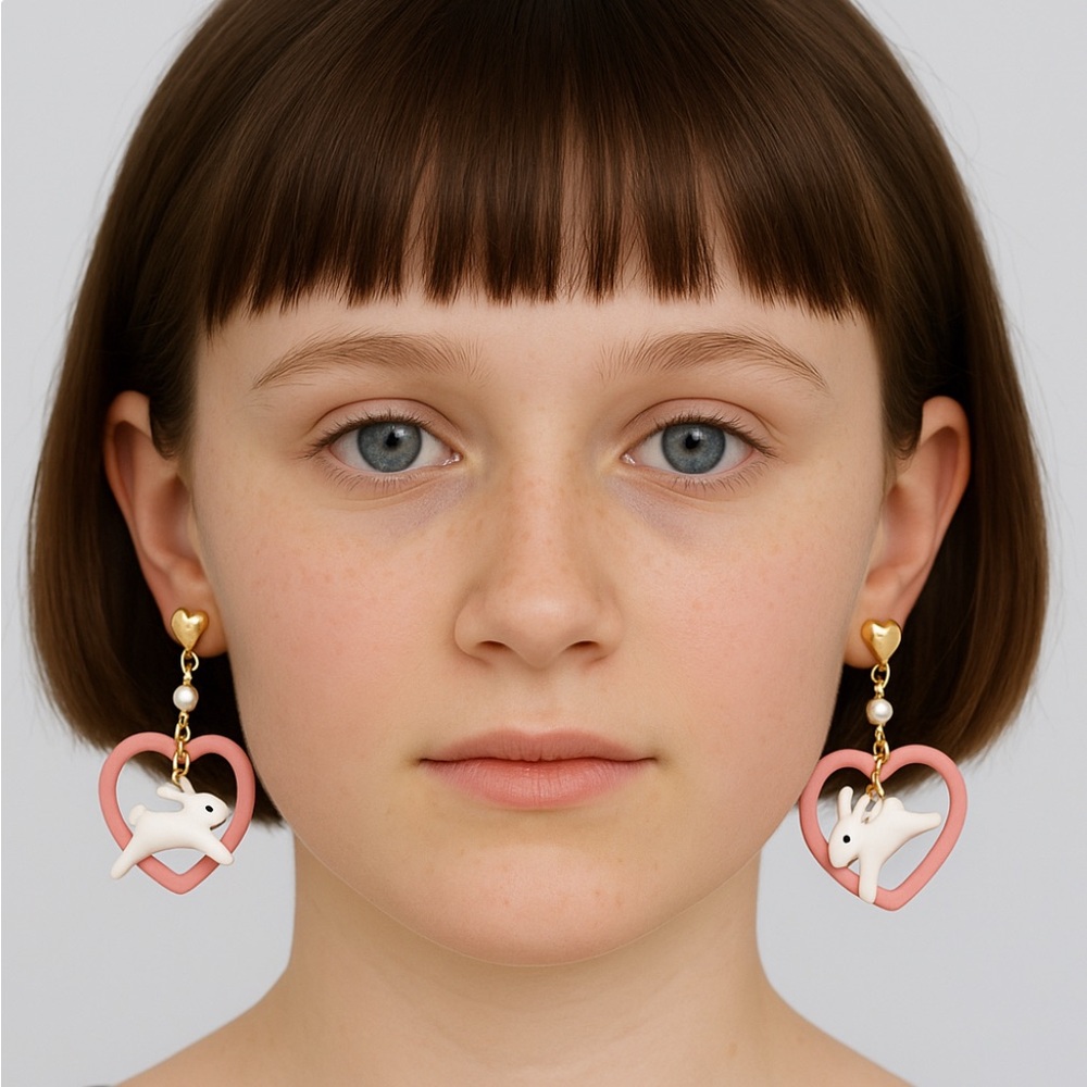White Rabbit Pink Heart Pearl Gold Drop Earrings
